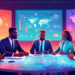 An illustration of a diverse group of real estate agents brainstorming around a large conference table, each viewing interactive digital maps and financial charts on futuristic screens, with glowing i