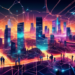 An abstract digital artwork depicting a futuristic cityscape made of interconnected nodes and glowing connections, symbolizing the network of real estate leads, with figures of people exchanging keys