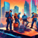 An engaging digital art piece depicting a group of professional roofers using advanced technology and social media tools to attract new clients in a bustling, futuristic cityscape.