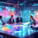 An artistic depiction of a team of professionals brainstorming around a futuristic, holographic digital dashboard displaying various web lead generation strategies and analytics, in a modern, high-tec