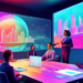 An imaginative digital workshop scene with a diverse group of marketers brainstorming around a high-tech, holographic display showing charts and graphs, in a sleek, modern office environment.