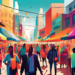 Colorful digital artwork of a bustling urban market scene with diverse vendors using high-tech gadgets and strategies to attract a large and engaged crowd of buyers.