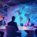 An imaginative digital painting of business professionals brainstorming around a futuristic, holographic map filled with glowing network connections and potential leads, set in a sleek, modern office