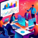 A digital illustration of a modern office environment where a diverse team of professionals is brainstorming around a high-tech digital screen displaying graphs and analytics, with dynamic lines and a