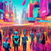 An imaginative digital art piece displaying a bustling futuristic marketplace where diverse humanoid robots and people are engaging in interactive advertisements, vibrant trade shows, and high-tech da