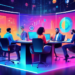 An illustrated digital workspace showcasing a diverse team of marketers brainstorming around a holographic display of analytics and trends, with futuristic digital tools and vibrant graphs floating in