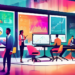 An artistically-styled office environment where a diverse group of business professionals are engaged in a dynamic brainstorming session around a high-tech digital screen displaying colorful graphs an