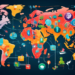 An illustrated world map highlighted with various colorful icons representing international lead generators, showing bustling global networks and digital connections.