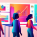 A group of diverse business professionals examining and discussing vibrant graphs and dashboards on a large digital screen in a modern office setting, illustrating the analytics and insights from vari