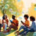 A digital painting of a diverse group of people of various ages and ethnicities, each using different types of technology (smartphones, tablets) and enveloped in individual bubbles, sitting together i