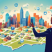 A digital illustration of a real estate agent pointing at a detailed map of Cincinnati, surrounded by icons representing different lead generation strategies such as social media, networking events, a