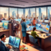 A digital painting of a bustling real estate office. A diverse group of realtors strategize over a large digital display showing dynamic real estate market trends and maps pinpointing potential seller