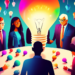 An illustration of a diverse group of business professionals gathered around a large, glowing light bulb filled with smaller colorful light bulbs, symbolizing innovative lead generation strategies, in