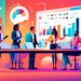 An illustration of a diverse group of business professionals gathering around a digital marketing dashboard, analyzing graphs and charts that show lead generation growth, set in a modern, well-lit off