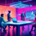 An animated digital workspace bustling with activity: marketing professionals strategizing around a high-tech, holographic table, displaying real-time data and vibrant graphics of lead generation tool