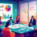 A professional and engaging digital workshop scene with financial advisors brainstorming around a high-tech digital table, displaying graphs and strategy documents, in a modern, well-lit office enviro