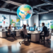 Create an image of a bustling, modern digital marketing office with employees engaging in various activities around a large, interactive globe. They are analyzing real-time data and trends shown on th