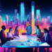 A vibrant, digital artwork of a bustling cityscape with diverse buildings and a group of enthusiastic, diverse real estate agents gathered around a modern, glowing table. The table displays holographi