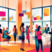 A vibrant illustration of a bustling real estate open house event, featuring a diverse group of potential buyers interacting with agents, exchanging business cards and viewing property portfolios, all