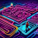 A digital painting of a maze made of glowing neon lines, with a person at the entrance holding a flashlight and a map that has Tips & Tricks written on it, looking determined to navigate through the m