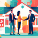 An illustration of a real estate agent shaking hands with a couple, standing in front of a sold house with a ‘SOLD’ sign prominently displayed, surrounded by digital icons representing different lead