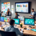 A bustling, high-tech digital marketing office with diverse team members brainstorming around a large, vibrant conference table, displaying colorful charts and creative posters about innovative strate