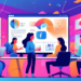 An illustration of a bustling digital marketing office with a diverse team of professionals strategizing around a large, visible screen displaying the Facebook logo, charts depicting campaign metrics,