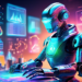 An intricate digital artwork depicting a futuristic robot in business attire using a high-tech holographic interface to efficiently sort and manage glowing, symbolic representations of leads, with var