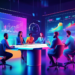 An engaging illustration representing a futuristic digital marketing workshop, where diverse professionals collaborate around a high-tech holographic table displaying graphs and analytics, in a sleek,