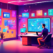 A digital artwork of a modern office space with a young entrepreneur using a sophisticated dashboard on a large screen to strategically manage Facebook lead generation campaigns. The room is filled wi