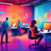 Create an artistic digital composition representing a modern office scene with professionals using computers and digital tools to visualize and analyze Google lead generation data, showcasing charts,