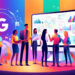 An illustrated digital workshop scene with a diverse group of marketing professionals gathered around a large, futuristic holographic display of the Google logo and various analytics tools, engaged in