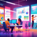 An illustrated digital workspace showing a young, diverse team of marketers brainstorming around a high-tech table filled with advanced gadgets and digital screens displaying graphs, analytics, and to