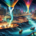 An intricate digital painting depicting a funnel transforming into a river, with diverse people using various tools and devices to catch glowing, symbolic leads flowing towards a thriving cityscape in