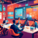 An intricate digital painting of a professional workshop scene where diverse business people are intensely engaged in learning about lead generation using HubSpot, featuring a large screen displaying