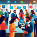 Create an image of a professional networking event in a modern, glass-walled office, showing a diverse group of business professionals enthusiastically exchanging contact information, with visible Lin