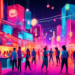 An artistic representation of a bustling digital marketplace, with diverse small business owners engaging directly with local customers, surrounded by neon signs symbolizing various online marketing s