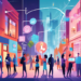 An illustrative digital art depicting a bustling city street corner, with diverse small business storefronts brilliantly highlighted. Each store features a high-tech digital sign showcasing various su