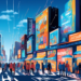 Digital painting of a bustling urban street scene filled with diverse small businesses, each window showcasing different effective local lead generation tools like custom neon signs, interactive digit