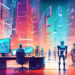 Digital illustration of a futuristic cityscape where robots and humans collaborate in a high-tech office environment, utilizing advanced computers and holographic displays to generate and manage outbo