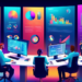 An illustrative digital office scene depicting a diverse team of professionals collaboratively working around a high-tech, holographic dashboard displaying various analytics and graphs for leads manag