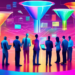 An artistic and detailed digital office scene showing a diverse team of marketing professionals strategizing around a high-tech holographic display of a sales funnel, visually converting leads into cu