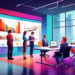 A modern office environment with a diverse group of business professionals gathered around a digital screen displaying colorful graphs and charts, actively discussing strategies for maximizing success