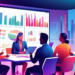 An animated conference room scene with a diverse team of five professionals strategizing over a large digital display, showing graphs and charts about outbound lead statistics, in a modern, brightly-l