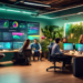 Create an image of a bustling digital marketing office with diverse team members interacting around a large, glowing computer screen displaying a vibrant, detailed dashboard of a lead generation websi