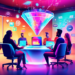 A bustling digital marketing office with diverse professionals brainstorming around a high-tech holographic display of a lead generation funnel, showing various strategies like social media, email cam