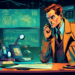 An imaginative office with a modern detective theme, featuring a detective at a desk surrounded by glowing digital screens showing graphs and data, various mysterious agents in trench coats whispering