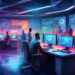 An intricate digital painting showcasing a bustling futuristic marketing agency control room filled with advanced technologies and diverse professionals intensely working on optimizing a holographic F