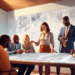 A detailed digital painting of a real estate agent and a diverse group of clients examining a large, detailed blueprint of a house on a table, with thought bubbles showing money exchanging hands, all