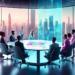 A futuristic conference room with a diverse group of people surrounding a holographic table displaying a 3D chart on leadership strategies, in a highly modern and sleek office environment with glass w